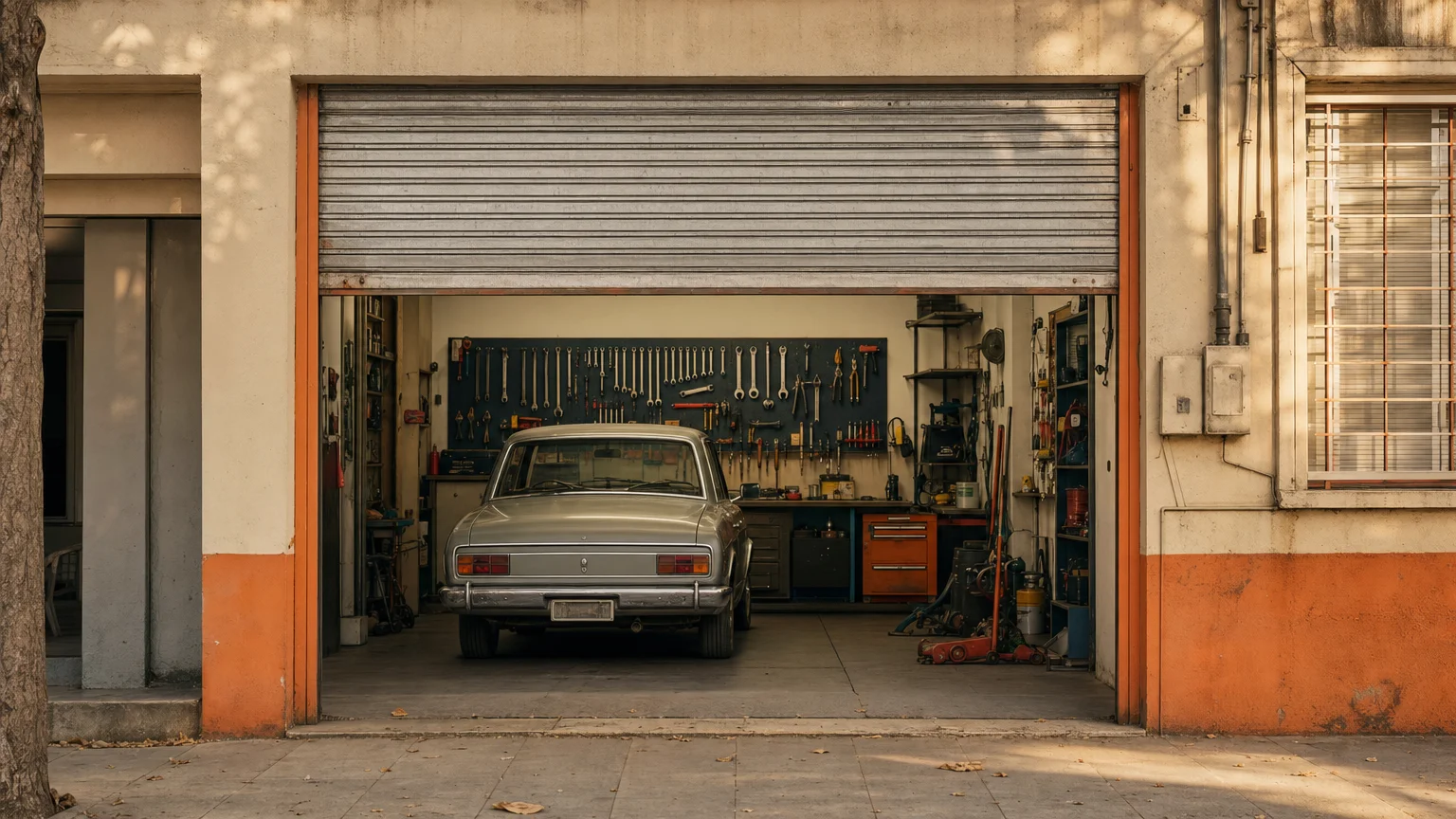 The front of a neighbourhood garage
