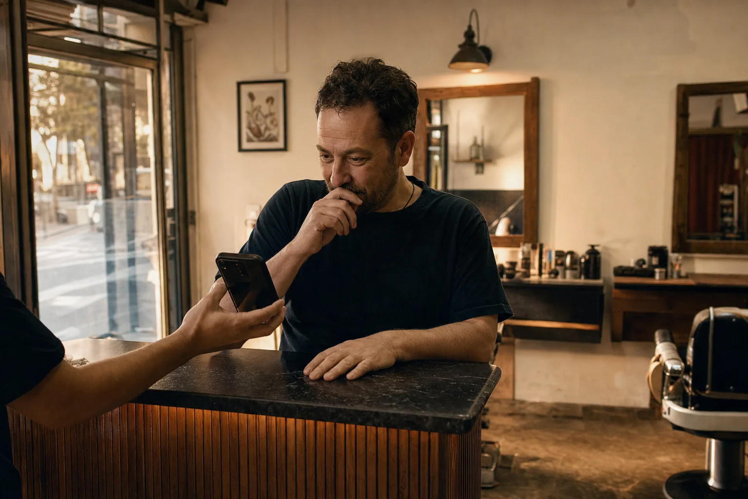 A barber shop owner looking at his finished site on a phone